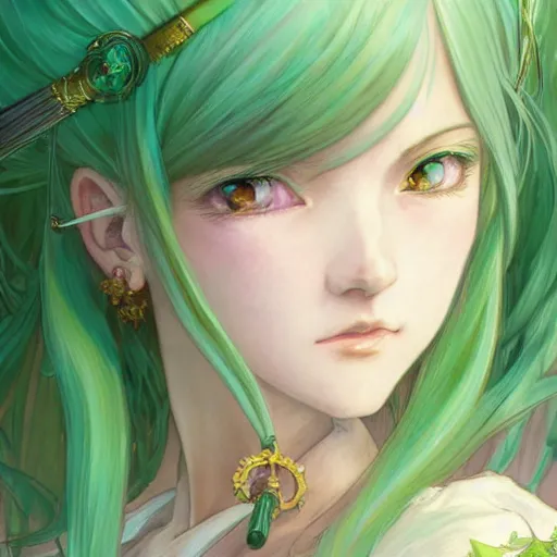 Image similar to girl with long light green hair, light green eyes, a small pigtail on the left side, chinese dress, anime style, hyper detailed, illustration, digital painting, art by artgerm and greg rutkowski and alphonse mucha, high delicate defined details, anime stylized, highly detailed, realistic, sharp focus, artstation