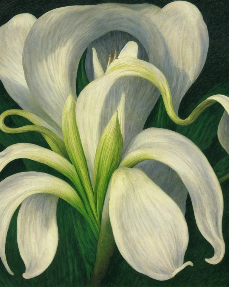 Image similar to achingly beautiful extreme close up painting of one white lily blossom by rene magritte, monet, and turner. piranesi. macro lens, symmetry, circular.