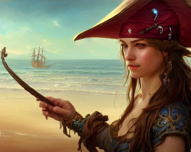 Image similar to pirate hat floating in the sea, low view shot, close up, deep focus, d & d, fantasy, intricate, elegant, highly detailed, digital painting, artstation, concept art, matte, sharp focus, illustration, hearthstone, art by artgerm and greg rutkowski and alphonse mucha