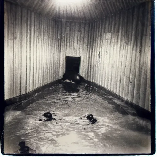 Prompt: abandoned indoor water park with strange creatures lurking, polaroid photo