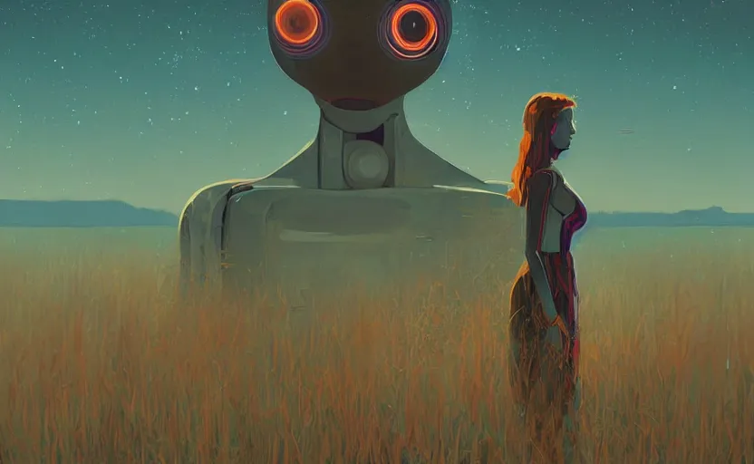 Image similar to it feels like something to be anything. Woman and her robot in a beautiful landscape. Rough strokes and grainy. Interesting colour scheme. Detailed. Beautiful digital art by artist Lurid. (2022)