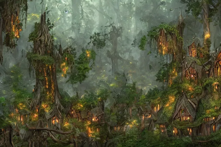 Image similar to a wood elf village suspended high in the redwood tree canopy, fantasy setting, dense vegetation, very detailed, d & d concept art, 4 k