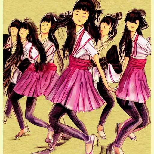 Image similar to a perfect, realistic professional digital sketch of a Japanese schoolgirls dancing, style of Marvel, full length, by pen and watercolor, by a professional American senior artist on ArtStation, a high-quality hollywood-style sketch, on high-quality paper