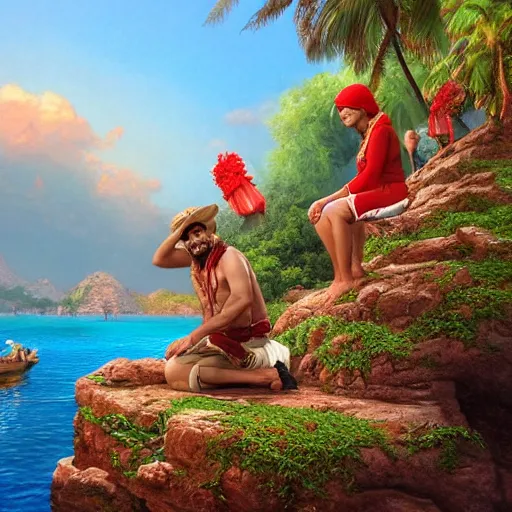 Image similar to UHD closeup of a Photorealistic Bollywood Gilligan\'s Island by Antonio Caparo and Ferdinand Knab and Greg Rutkowski, UHD, photorealistic, trending on artstation, trending on deviantart