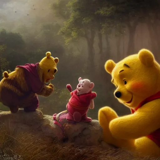 Prompt: xi jinping and winnie the pooh are best friends, cinematic composition, epic dramatic lighting, realistic, hyperdetailed, photorealistic, photograph, epic scale by gaston bussiere