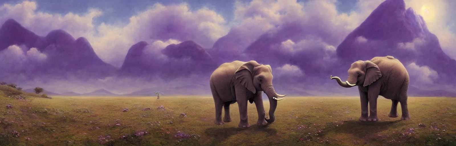 Image similar to A purple elephant standing in a field of clouds, mountains in the background, illustration, detailed, smooth, soft, warm, by Adolf Lachman, Shaun Tan, Surrealism