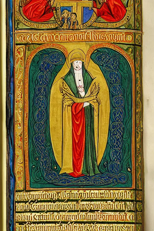 Prompt: page from an illuminated manuscript that shows Hildegard von Bingen receiving divine inspiration from cthulu