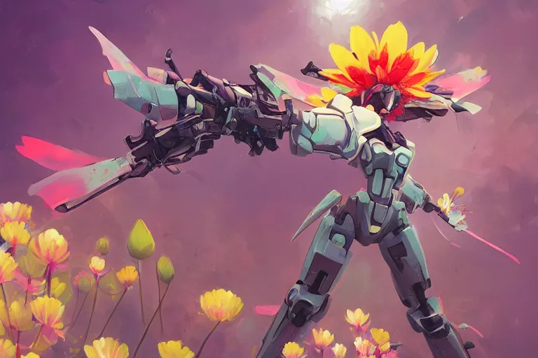 Image similar to flower headed combat mecha whose top half is shaped like a waterlily, bandai box art, behance hd artstation by jesper ejsing, rhads, makoto shinkai, lois van baarle, ilya kuvshinov, ossdraws, laurie greasley, victo ngai, andreas rocha, gundam box art