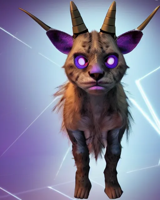 Prompt: pretty humanoid cat-like alien with horns instead of ears holding a laser rifle and the face of a hyena, futuristic, sci-fi purple fur, photorealistic CGI