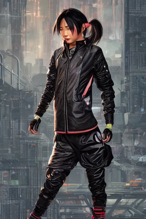 Image similar to a full body illustration of an Asian female cyberpunk character wearing baggy techwear jacket, leather pants and tennis shoes, highly detailed, soft lighting, by Glenn Fabry, HD, 4K