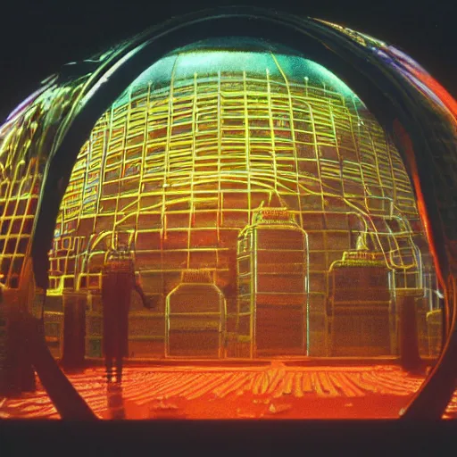 Image similar to 35mm film still blade runner set on Mars in an neon city, domes made of glas by Alex grey