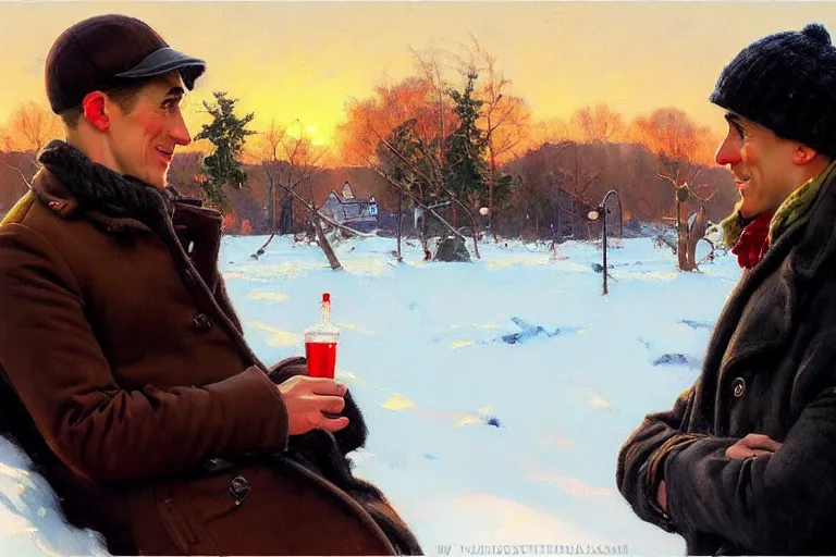 Prompt: attractive man chatting, winter, sunset, painting by vladimir volegov, norman rockwell, tom of finland, trending on artstation