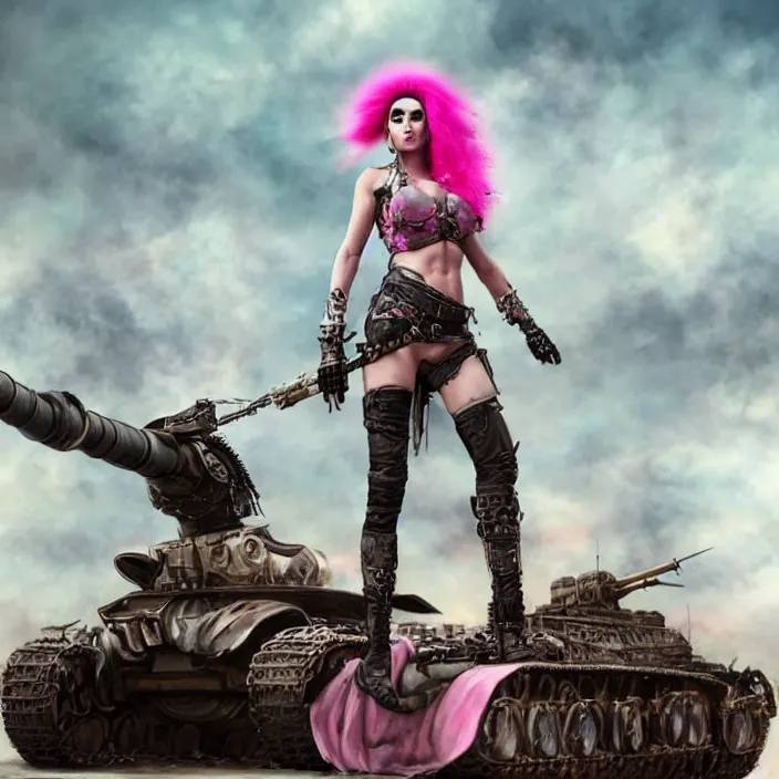 Image similar to beautiful apocalyptic woman with pink Mohawk, standing on mad max panzer tank, 4k ultra hd, fantasy dark art, tank girl, artgerm, artstation, octane render, elegant, detailed digital painting