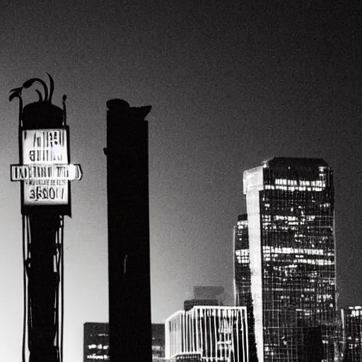 Prompt: siren head standing over downtown las angeles, arms overreaching the busy streets, nightime, creepy, dark vignette, damaged photograph