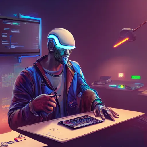 Image similar to realistic successful man typing on laptop in gaming room, artstation trends, cyberpunk concept art, highly detailed, intricate, sharp focus, digital art, 8 k