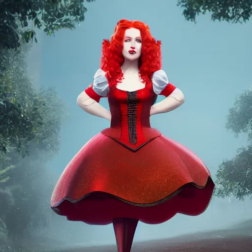 Image similar to red head queen, alice in wonderland theme, disney photo realistic, octane render, 8 k, unreal engine, hd, cinematic lighting