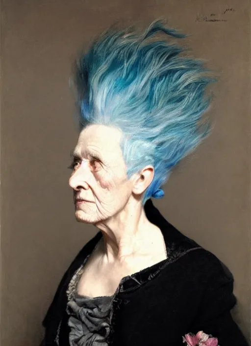 Prompt: a detailed portrait of old woman with a extravagant mohawk by edouard bisson, blue hair, punk rock, oil painting, muted colours, soft lighting