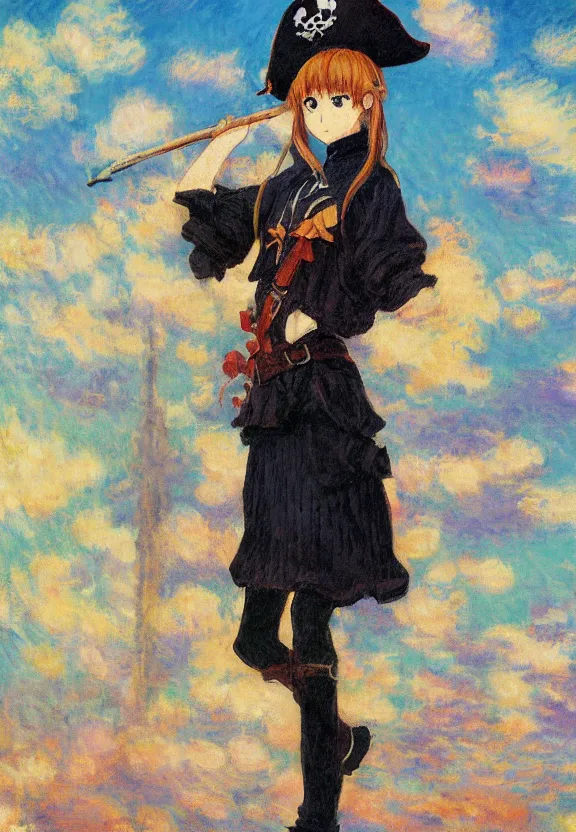 Image similar to wide angle painting of a teenage pirate girl, a thrifty uniform, somewhat of an anime in impressionist style, trending artwork, illustrated in anime painter studio, by claude monet and an anime artist, collaboration