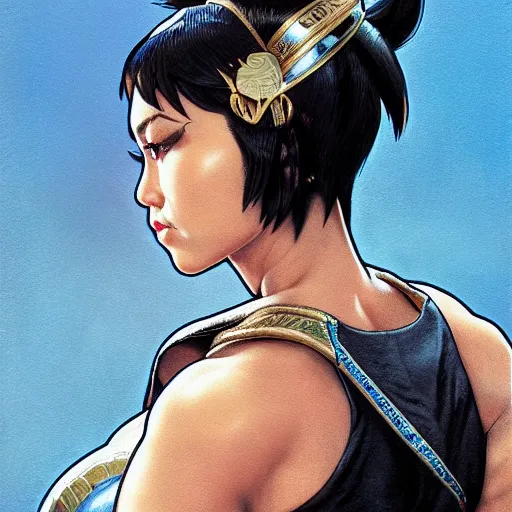 Prompt: miley cyrus as chun li from street fighter, 4 k, ultra realistic, detailed focused art by artgerm and greg rutkowski and alphonse mucha