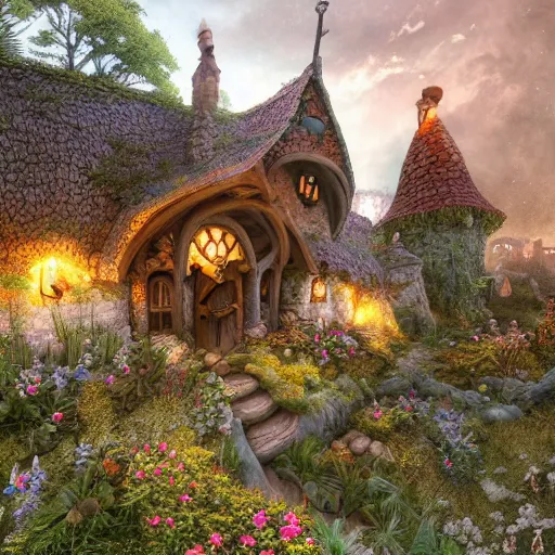 Image similar to medieval hobbit house, ornate, beautiful, atmosphere, vibe, flowers, concept art illustration, color page, 4 k, tone mapping, doll, akihiko yoshida, james jean, andrei riabovitchev, marc _ simonetti, yoshitaka amano, digital illustration, greg rutowski, volumetric lighting, sunbeams, particles