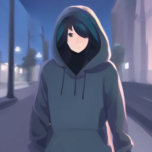 Prompt: a portrait of a moody teenage girl in a hoodie walking down a city street, dramatic lighting, makoto shinkai, trending on artstation