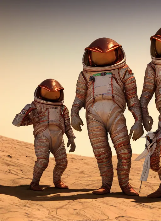 Image similar to group closeup portrait of medieval goblins wearing spacesuits on mars, depth of field, zeiss lens, detailed, symmetrical, centered, fashion photoshoot, by annie leibovitz and steve mccurry, david lazar, jimmy nelsson, breathtaking, 8 k resolution, extremely detailed, beautiful, establishing shot, artistic, hyperrealistic, beautiful face, octane render