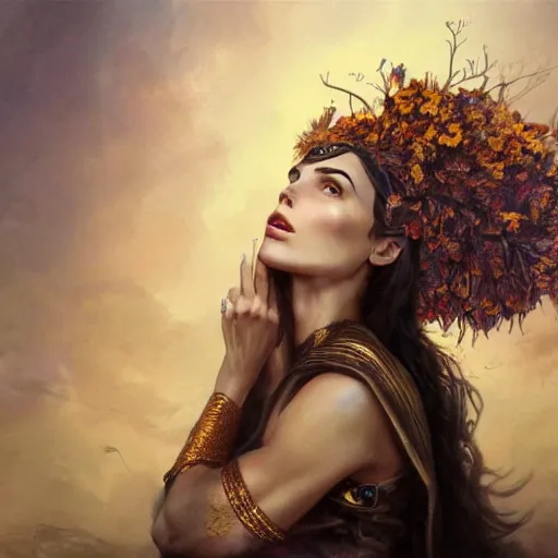 Image similar to fine art photo of the beauty goddess gal gadot, she has a crown of dried flowers, by peter mohrbacher