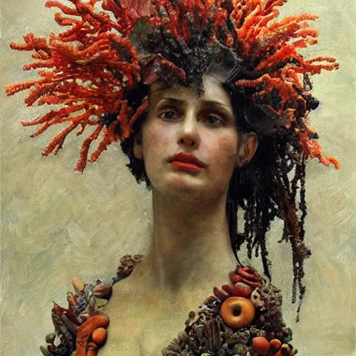 Image similar to a sculpture portrait made of seaweed and coral and shells and lilies, painting part by wojciech siudmak, part by ilya repin, part by max ernst, part by norman rockwell, artstation