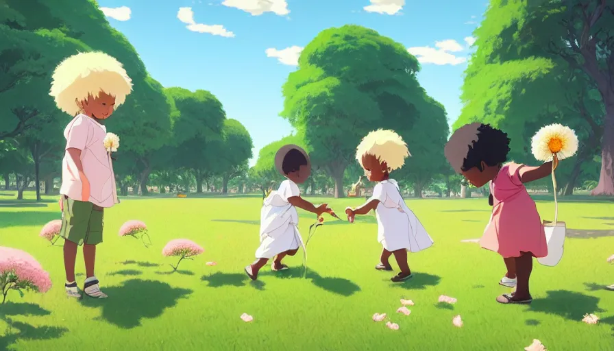 Image similar to african toddlers and white toddlers playing together city park with flowers, artstation, elegant, highly detailed, digital painting, concept art, smooth, sharp focus, illustration, art by studio ghibli, fujita goro, atey ghailan, tom whalen, jean giraud 8 k