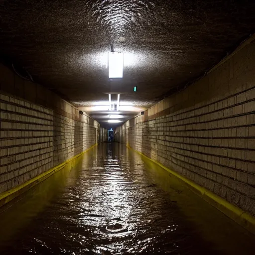 Image similar to dimly lit partially flooded subway tunnel, eerie, creepy, dark, limonal, surreal, neon sign,