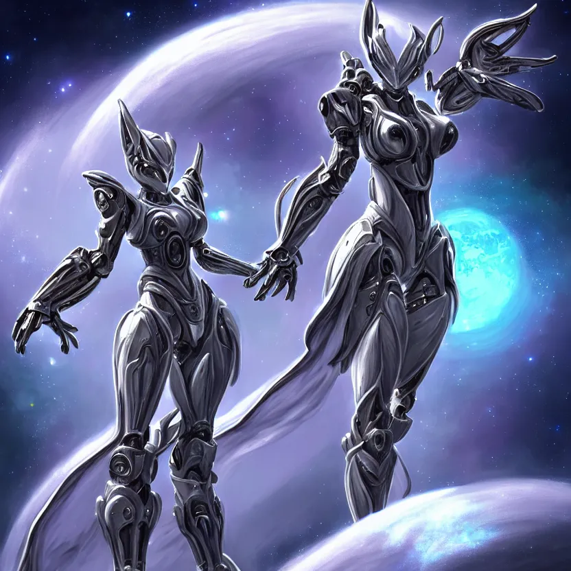 Image similar to goddess shot, galactic sized stunning beautiful anthropomorphic robot mecha female dragon, in space, larger than planets, holding the earth, the earth a mere marble in her claws, detailed silver armor, epic proportions, epic scale, detailed digital art, ultra detailed, furry, macro art, dragon art, giantess, warframe fanart, furaffinity, deviantart, realistic