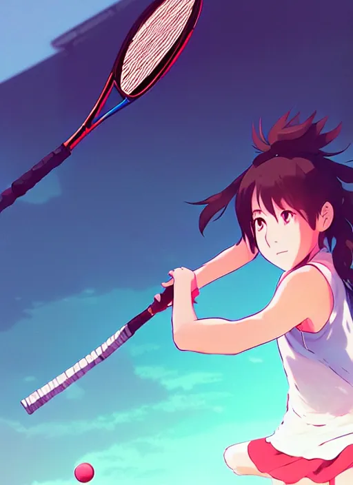 Prompt: girl playing tennis, illustration concept art anime key visual trending pixiv fanbox by wlop and greg rutkowski and makoto shinkai and studio ghibli