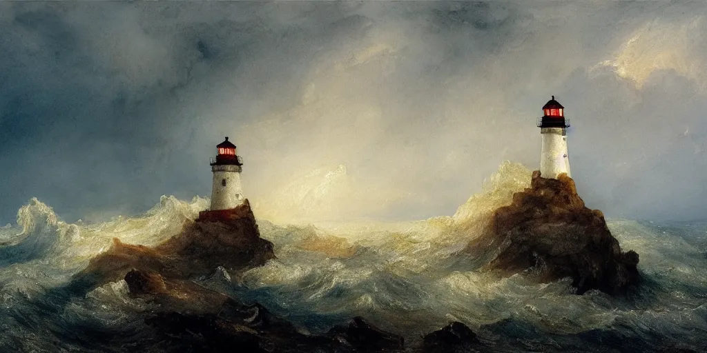 Image similar to a watercolor painting of a single lighthouse in a small rocky island during a violent storm by william turner, high quality, highly detailed, digital painting, masterpiece, turbulent sea, dramatic lighting, cinematic, centered, watercolor, william turner style, 4 k