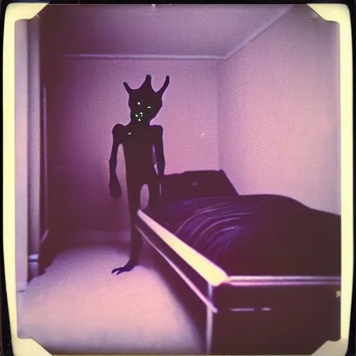 Prompt: cursed polaroid of beautifully ominous creepy sleep paralysis demon sliding inside 1 9 8 0's teeanger cluttered bedroom. weirdcore, liminal, backrooms aesthetic. hyperrealistic, octane render