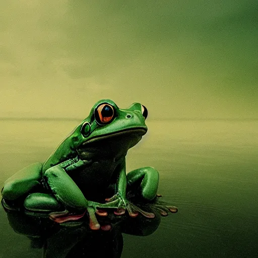 Image similar to semi translucent smiling frog amphibian floating over misty lake in Jesus Christ pose, cinematic shot by Andrei Tarkovsky, paranormal, spiritual, mystical
