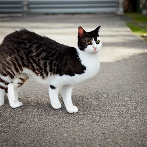 Prompt: a picture of a combination of two different creatures, a cat head on a goose body, crossed creatures, wide shot photo