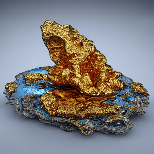 Image similar to octane render : intricate, precision, meticulously carved hyperdetailed ruby crystal, floating on a dripping stream of molten gold that is being filtered through a brilliant blue satin marbled sheet in infinite time. 8 k resolution, 8 k 3 d, photorealistic.