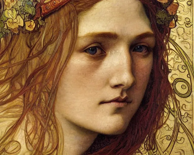 Image similar to detailed realistic beautiful young medieval queen face portrait by jean delville, alphonse mucha, vincent van gogh, and marco mazzoni, art nouveau, symbolist, visionary, gothic, pre - raphaelite
