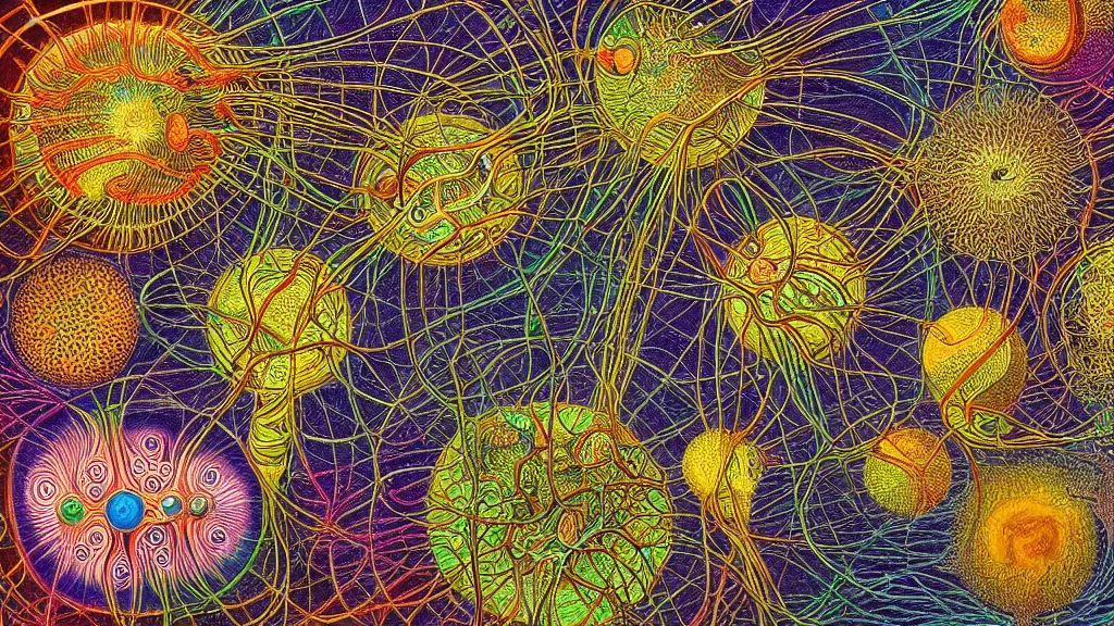 Prompt: quantum connections represented as symbiotic organisms like cells playing around with colorful lights by ernst haeckel, smooth, sharp, dark