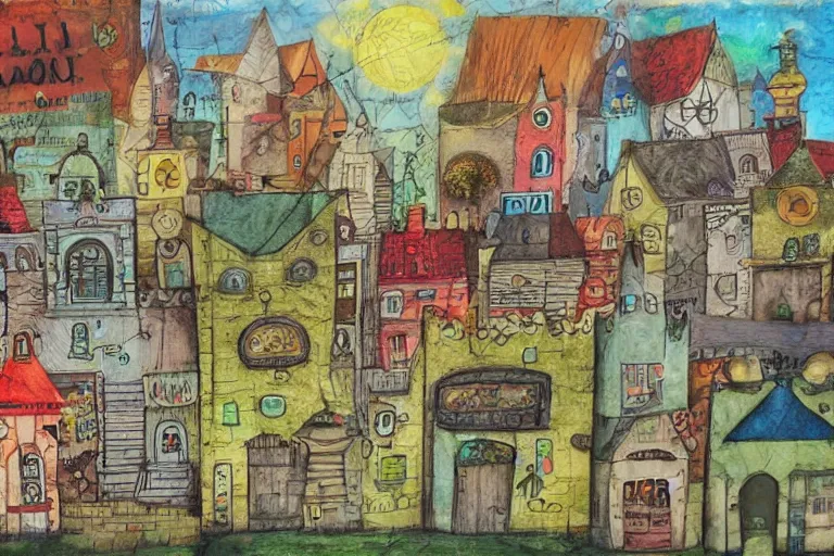 Image similar to a small fantasy town, mixed media on canvas, 2 d, whimsical,