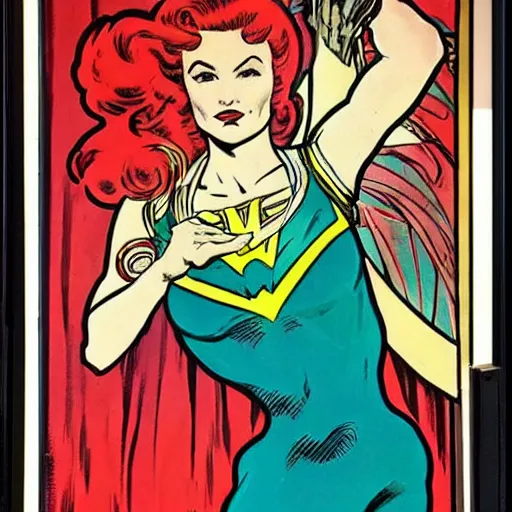 Prompt: a woman with red hair. she is a superhero, wearing a superhero costume. well composed, clean elegant painting, beautiful detailed face. comic book art by steve ditko and jack kirby and ( alphonse mucha )