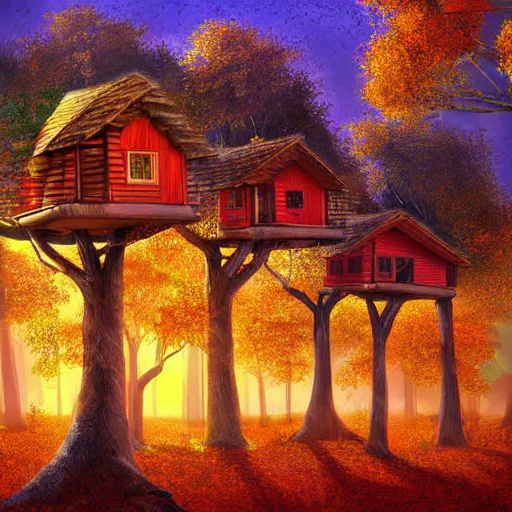 Image similar to a village full of tree houses nestled in a forest, golden hour, autumn leaves, realistic high quality art digital art