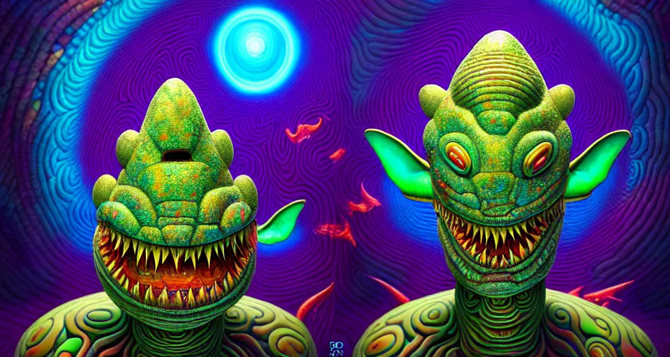Prompt: surreal portrait of a giant cartoon alien shark as a psychedelic neural tiki reptile stone god by naoto hattori, android jones, and chris dyer, deep bold colors, galactic dmt entity, depth of field, intricate beautiful painting, billions of details, octane render, portal, 8 k, detailed vector, trending on artstation, cgisociety