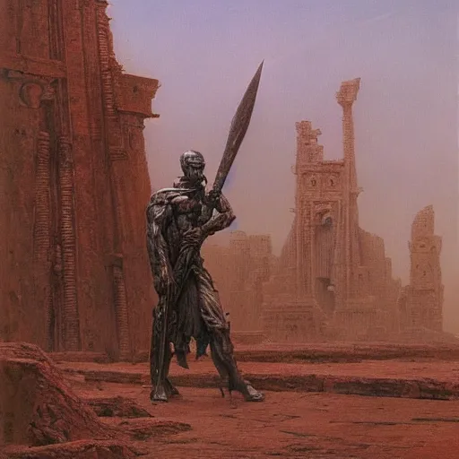 Image similar to a hyperdetailed painting of a dark executioner wielding a huge axe standing in the middle of an ancient ruined temple, by beksinski, wayne barlowe, adrian smith fantasy art, ruan jia, trending in artstation