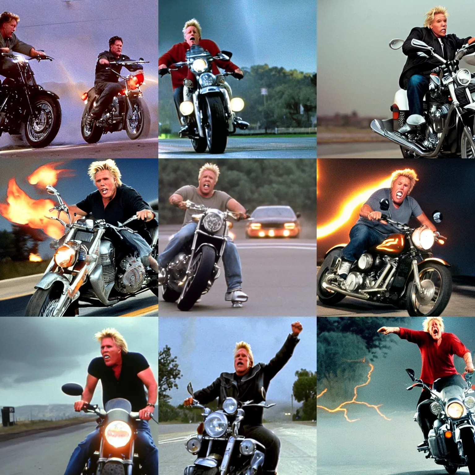 Prompt: gary busey getting struck by lightning while doing a wheelie on a motorcycle movie still