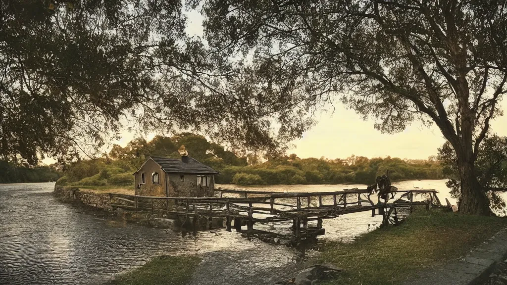 Image similar to small grey wooden cottage by the river, a tree with vines wrapped around it, two crows singing on the tree, tranquility, arch bridge over the river, the bridge path to remote, chill wind, an old man riding a skinny horse on the road, sunset