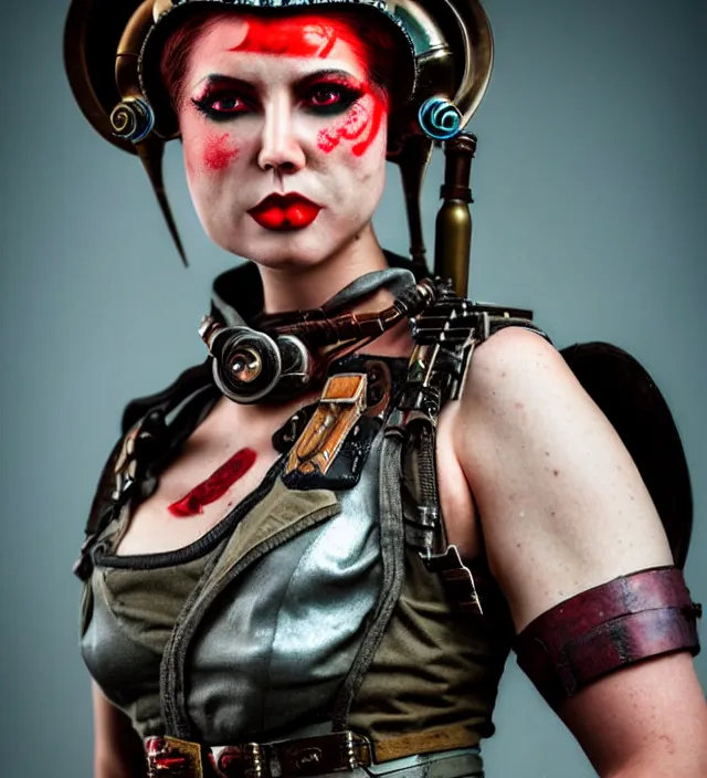 Image similar to full length photograph of a real - life very beautiful atompunk warrior. extremely detailed. dslr. 8 5 mm.