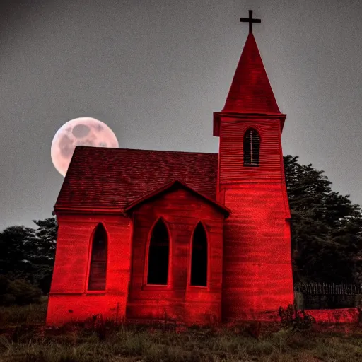 Prompt: creepy red church in blood moon, desktop background, high definition