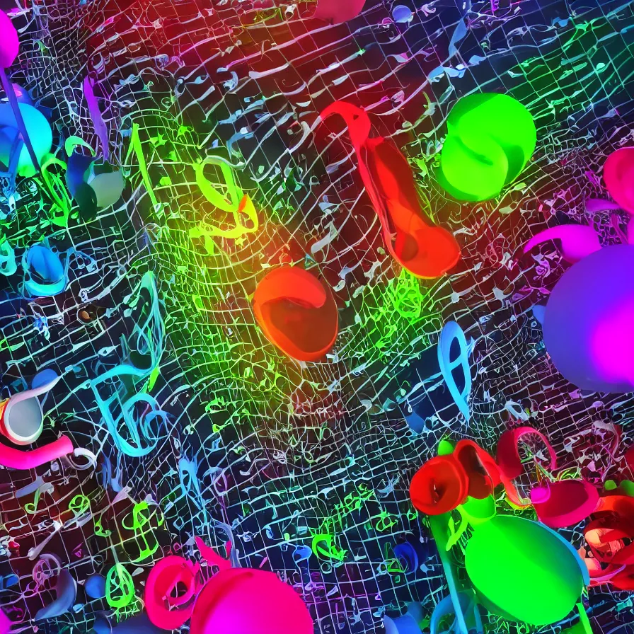 Image similar to realistic detailed 3D render of music, industries, toxic waste, full of colors and musical notes