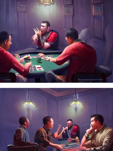 Image similar to guys yelling during a poker match. angry, intricate, elegant, highly detailed, digital painting, artstation, concept art, sharp focus, illustration, by justin gerard and artgerm, 8 k